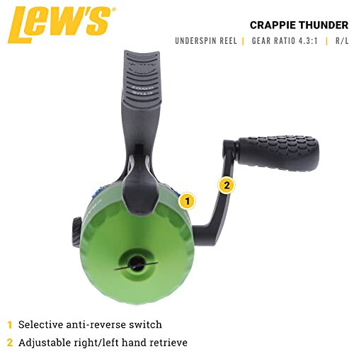 Lew's Crappie Thunder Underspin Fishing Reel, 4.3:1 Gear Ratio, Right or Left-Hand Retrieve, Crappie Thunder Green - 2