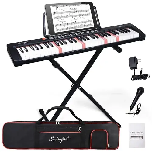 Lexington 61 Key Keyboard Piano, Complete Electronic Piano Keyboard Set for Beginners Adults, Portable Music Keyboard with Lighted Keys, Teaching Modes, Stand, Case, Microphone (61-Key Black) 