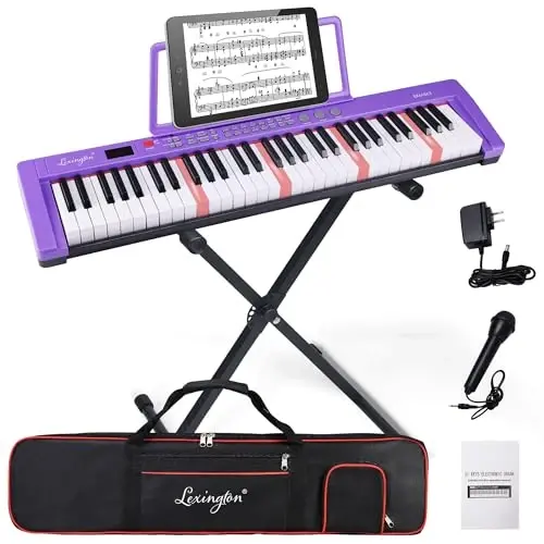 Lexington 61 Key Keyboard Piano, Complete Electronic Piano Keyboard Set for Beginners Adults, Portable Music Keyboard with Lighted Keys, Teaching Modes, Stand, Case, Microphone (Purple) - LEXINGTON
