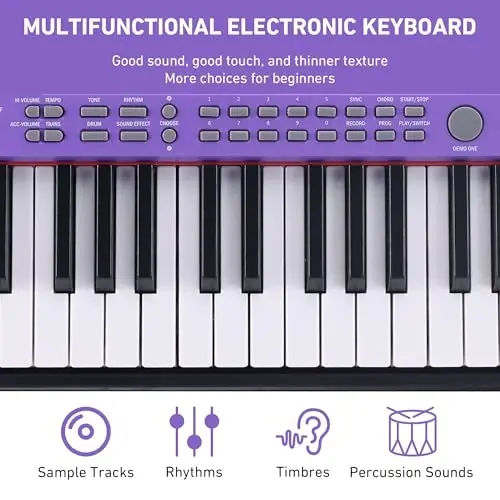 Lexington 61 Key Keyboard Piano, Complete Electronic Piano Keyboard Set for Beginners Adults, Portable Music Keyboard with Lighted Keys, Teaching Modes, Stand, Case, Microphone (Purple) - 4