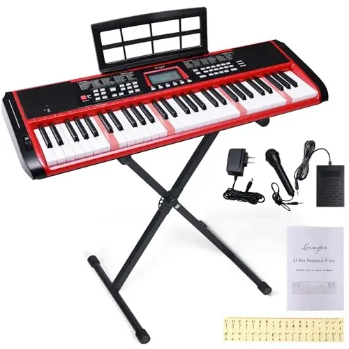 Lexington 61-Key Portable Electronic Keyboard Piano with Weighted Keys, Dual Bluetooth, LCD Display, 600 Tones & 600 RhytModazones, Teaching Modes, Microphone, Power Adapter, and Keyboard Stand (Cherry Red) - 1