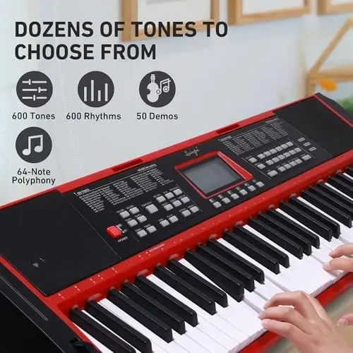 Lexington 61-Key Portable Electronic Keyboard Piano with Weighted Keys, Dual Bluetooth, LCD Display, 600 Tones & 600 RhytModazones, Teaching Modes, Microphone, Power Adapter, and Keyboard Stand (Cherry Red) - 4