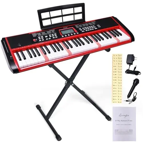 Lexington 61-Key Portable Electronic Keyboard Piano with Weighted Keys, Dual Bluetooth, LCD Display, 600 Tones & 600 RhytModazones, Teaching Modes, Microphone, Power Adapter, and Keyboard Stand (Cherry Red) - 1