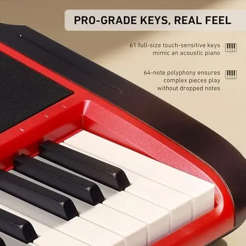 Lexington 61-Key Portable Electronic Keyboard Piano with Weighted Keys, Dual Bluetooth, LCD Display, 600 Tones & 600 RhytModazones, Teaching Modes, Microphone, Power Adapter, and Keyboard Stand (Cherry Red) - 2