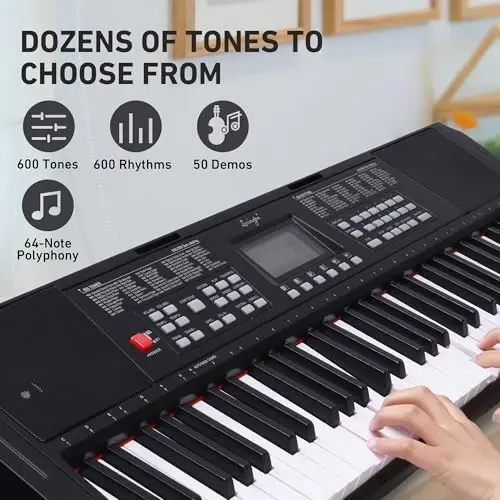 Lexington 61-Key Portable Electronic Keyboard Piano with Weighted Keys, Dual Bluetooth, LCD Display, 600 Tones & 600 RhytModazones, Teaching Modes, Microphone, Power Adapter, and Stand (Satin Black) - 3