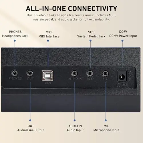 Lexington 61-Key Portable Electronic Keyboard Piano with Weighted Keys, Dual Bluetooth, LCD Display, 600 Tones & 600 RhytModazones, Teaching Modes, Microphone, Power Adapter, and Stand (Satin Black) - 4