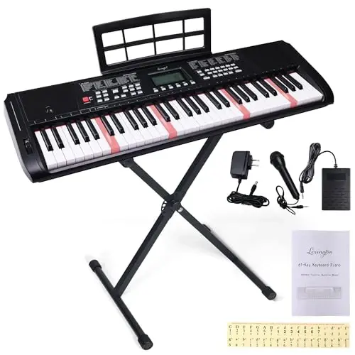 Lexington 61-Key Portable Electronic Keyboard Piano with Weighted Keys, Dual Bluetooth, LCD Display, 600 Tones & 600 RhytModazones, Teaching Modes, Microphone, Power Adapter, and Stand (Satin Black) - LEXINGTON