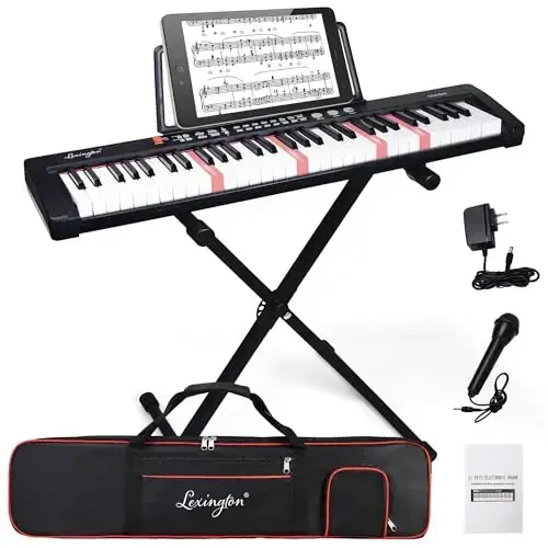 Lexington 61 Key Keyboard Piano, Complete Electronic Piano Keyboard Set for Beginners Adults, Portable Music Keyboard with Lighted Keys, Teaching Modes, Stand, Case, Microphone (61-Key Black) - LEXINGTON
