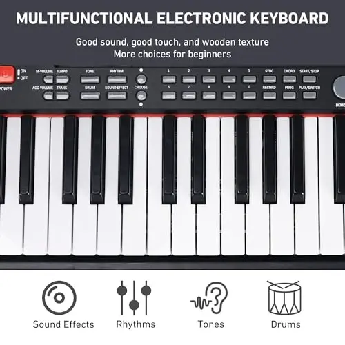 Lexington 61 Key Keyboard Piano, Complete Electronic Piano Keyboard Set for Beginners Adults, Portable Music Keyboard with Lighted Keys, Teaching Modes, Stand, Case, Microphone (Black) - 4