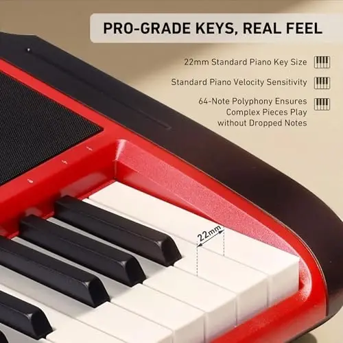 Lexington 61-Key Portable Electronic Keyboard Piano with Weighted Keys, Dual Bluetooth, LCD Display, 600 Tones & 600 RhytModazones, Teaching Modes, Microphone, Power Adapter, and Keyboard Stand (Cherry Red) - 2