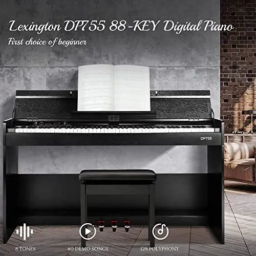 Lexington 88 Keys Weighted Digital Piano, Full Size Portable Hammer Action Electric Keyboard Piano for Beginners w/Furniture Stand, Power Adapter, Triple Pedals, Headphone Jack and Recording, Black - LEXINGTON (1)