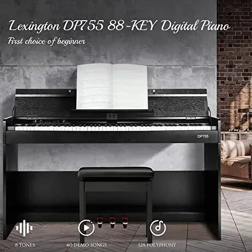 Lexington 88 Keys Weighted Digital Piano, Full Size Portable Hammer Action Electric Keyboard Piano for Beginners w/Furniture Stand, Power Adapter, Triple Pedals, Headphone Jack and Recording, Black - 2