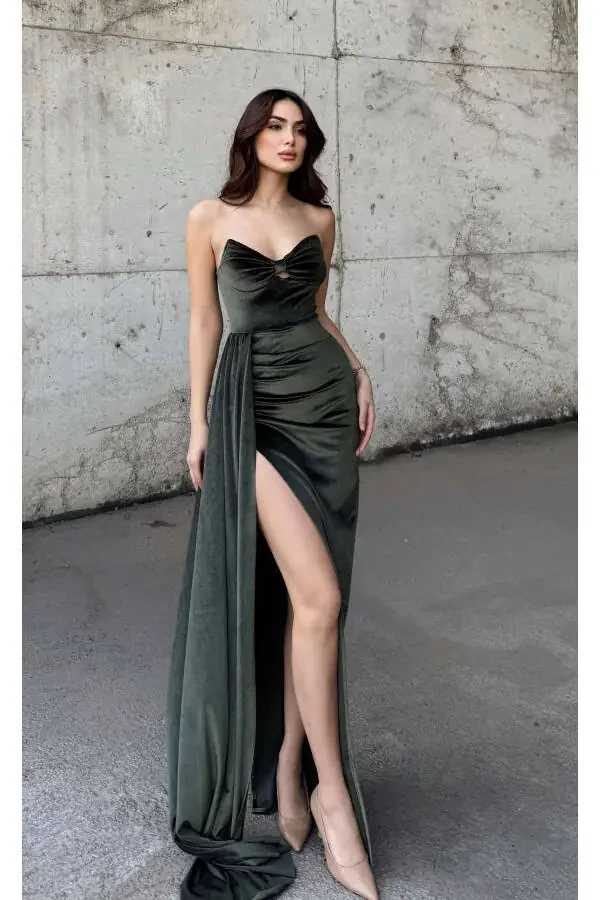 Leya Strapless Velvet Evening Dress 583115-Khaki - 1