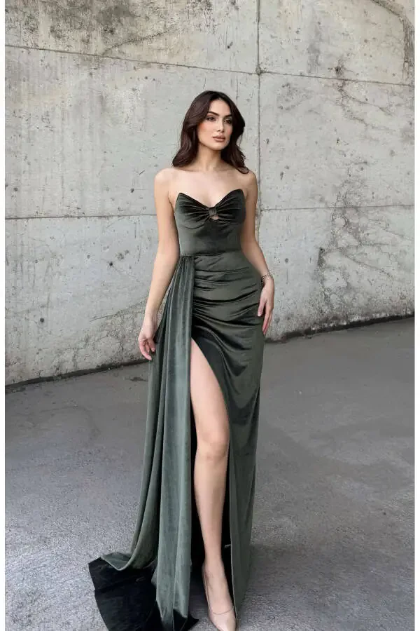 Leya Strapless Velvet Evening Dress 583115-Khaki - 2