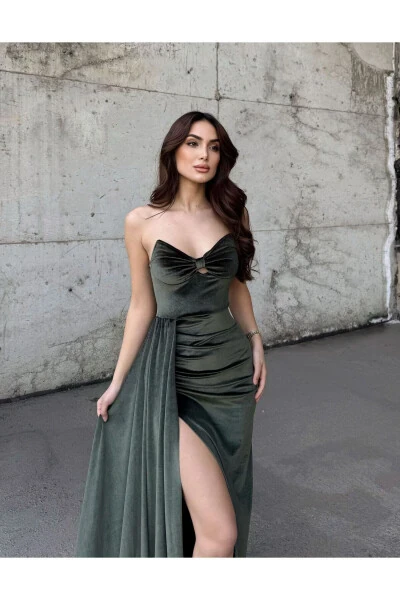 Leya Strapless Velvet Evening Dress 583115-Khaki - 4