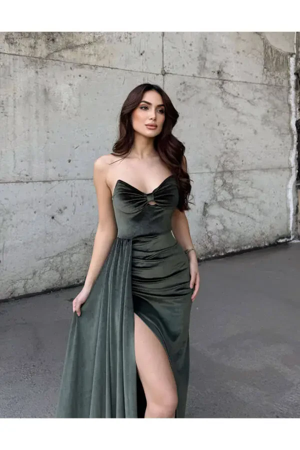 Leya Strapless Velvet Evening Dress 583115-Khaki - 4