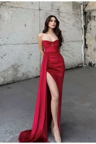 Leya Straplez Kadife Abiye 583115-Kırmızı - 2