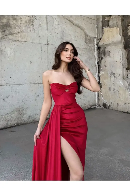 Leya Straplez Kadife Abiye 583115-Kırmızı - 4