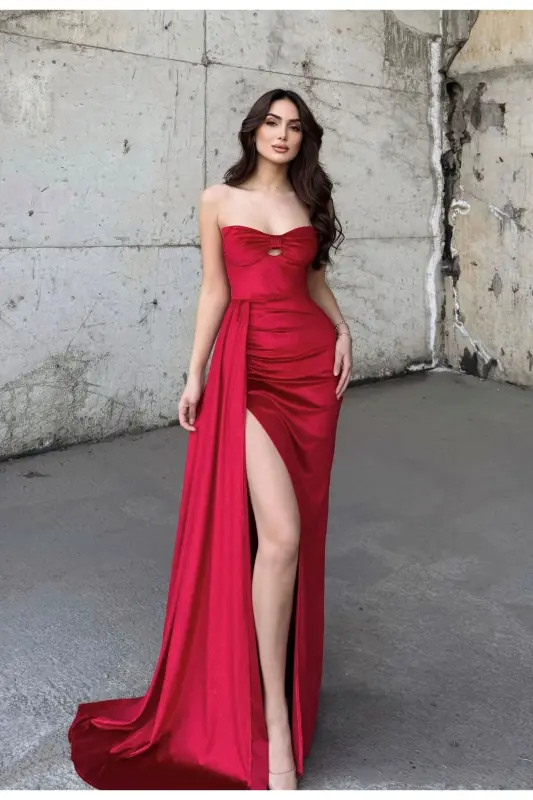 Leya Straplez Kadife Abiye 583115-Kırmızı - SINDIMODA