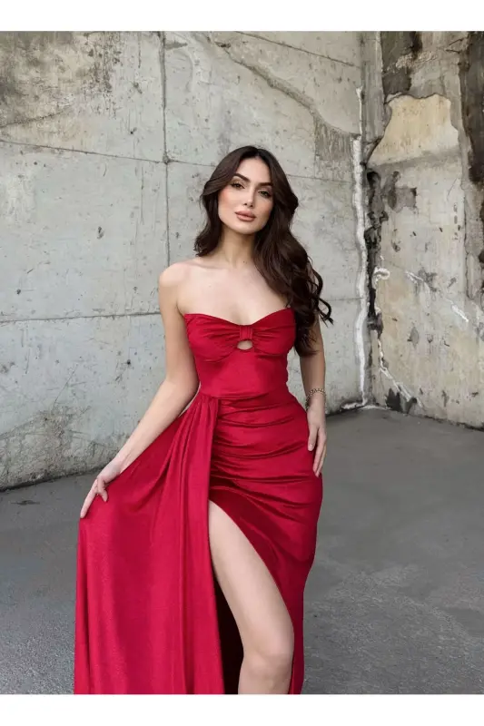 Leya Straplez Kadife Abiye 583115-Kırmızı - 5