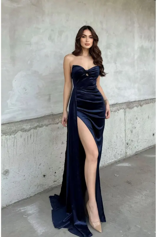 Leya Straplez Kadife Abiye 583115-Lacivert - 4