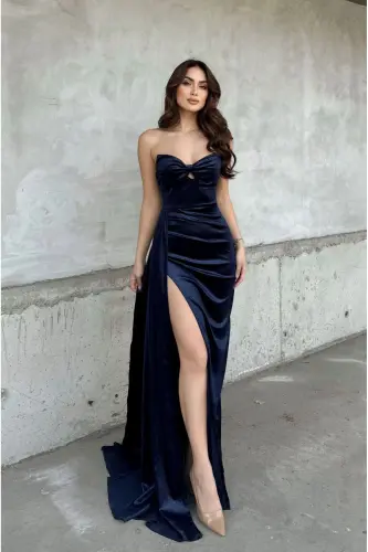 Leya Straplez Kadife Abiye 583115-Lacivert - 3