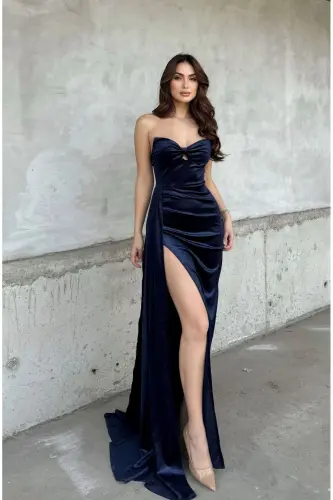 Leya Straplez Kadife Abiye 583115-Lacivert - 4