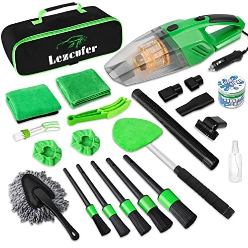 Lezcufer 17Pcs Complete Car Interior Detailing Kit with High Power Handheld Vacuum, Car Care Cleaning Kit,Detailing Brush Set,Windshield Cleaning Tool,Cleaning Gel,Microfiber Towels - Lezcufer