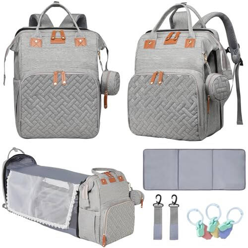 LHDYMXYN Baby Diaper Bags with Changing Station, Multifunctional Diaper Bag Backpack for Moms Dads with USB Charging Port, Waterproof Travel Diaper, Baby Shower Gifts for Baby Boy & Girls (Gray) - 1