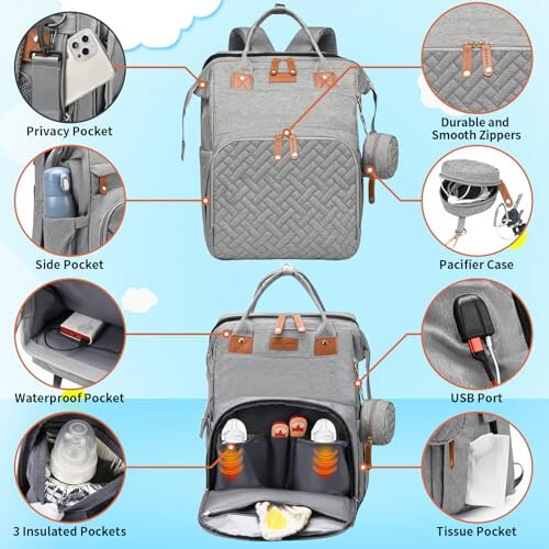 LHDYMXYN Baby Diaper Bags with Changing Station, Multifunctional Diaper Bag Backpack for Moms Dads with USB Charging Port, Waterproof Travel Diaper, Baby Shower Gifts for Baby Boy & Girls (Gray) - 5