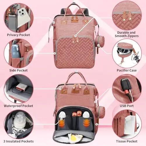 LHDYMXYN Baby Diaper Bags with Changing Station, Multifunctional Diaper Bag Backpack for Moms Dads with USB Charging Port, Waterproof Travel Diaper, Baby Shower Gifts for Baby Boy & Girls (Pink) - 5