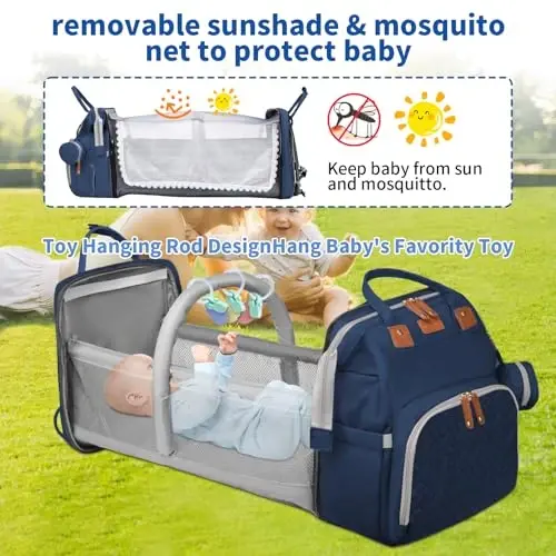 LHDYMXYN Baby Diaper Bags with Changing Station, Multifunctional Diaper Bag Backpack for Moms Dads with USB Charging Port, Waterproof Travel Diaper, Baby Shower Gifts for Baby Boy & Girls（Blue） - 3