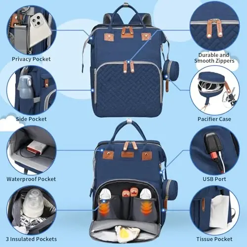 LHDYMXYN Baby Diaper Bags with Changing Station, Multifunctional Diaper Bag Backpack for Moms Dads with USB Charging Port, Waterproof Travel Diaper, Baby Shower Gifts for Baby Boy & Girls（Blue） - 5