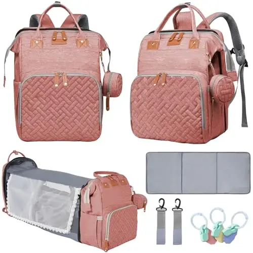 LHDYMXYN Bebek Bezi Çantaları Değiştirme İstasyonlu, USB Şarj Portlu Anne Babalar için Çok Fonksiyonlu Bez Çantası Sırt Çantası, Su Geçirmez Seyahat Bezi, Erkek & Kız Bebekler için Bebek Duşu Hediyeleri (Pembe) - 1