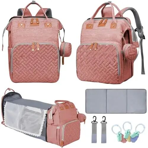 LHDYMXYN Baby Diaper Bags with Changing Station, Multifunctional Diaper Bag Backpack for Moms Dads with USB Charging Port, Waterproof Travel Diaper, Baby Shower Gifts for Baby Boy & Girls (Pink) - 1