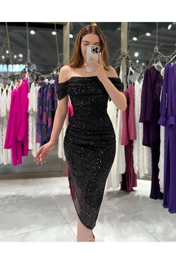 Liana Degaje yoqali Midi ko'ylak Qora - 1