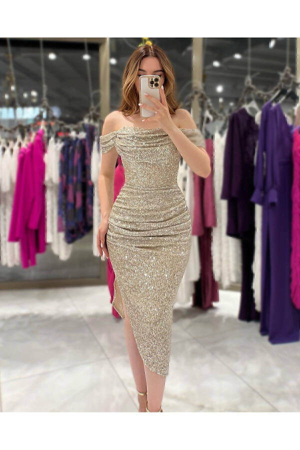 Liana Degaje Yaka Midi Elbise Bej-Gold - 1
