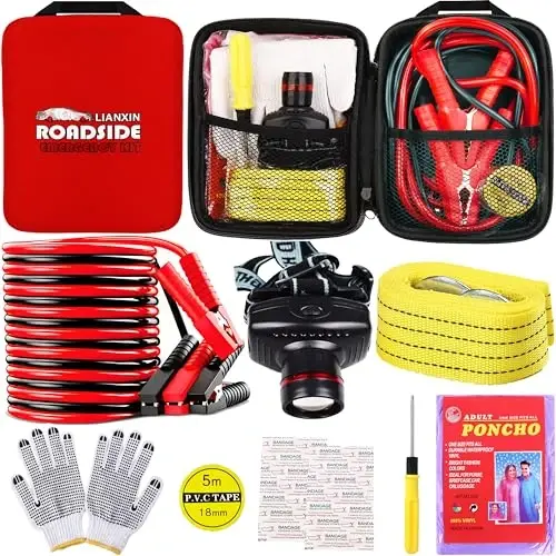 LIANXIN Car Roadside Emergency Kit, with Jumper Cables Automotive Kit,Car Safety Roadside Assistance Kit Headlamp,Tow Straps,Screwdrivers, Rainwear, Gloves.Red - 1