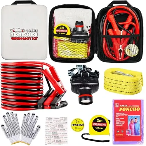 LIANXIN Car Emergency Roadside Tool Kit, Auto Emergency Kits Vehicles, with Jumper Cables kit，Car Safety Roadside Assistance Kit,Headlamp,Tow Straps,Tape Measure,Rainwear,Gloves.Gloves.Pale - 1