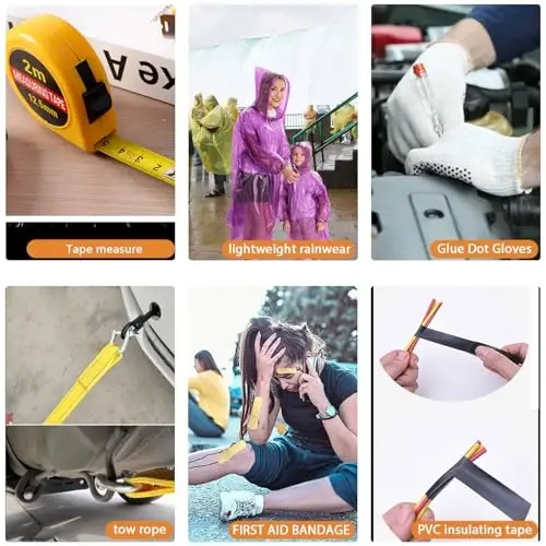 LIANXIN Car Emergency Roadside Tool Kit, Auto Emergency Kits Vehicles, with Jumper Cables kit，Car Safety Roadside Assistance Kit,Headlamp,Tow Straps,Tape Measure,Rainwear,Gloves.Gloves.Pale - 6
