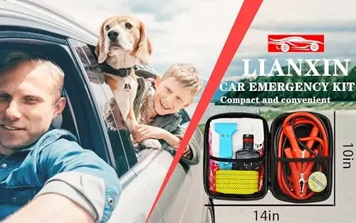 LIANXIN Car Emergency Roadside Tool Kit, Auto Emergency Kits Vehicles, with Jumper Cables kit，Car Safety Roadside Assistance Kit,Headlamp,Tow Straps,Safety Hammers,Rainwear,Gloves.Sky Blue - 7
