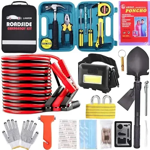LIANXIN Emergency Roadside Kit for Car - Roadside Safety Tool Kit,with Jumper Cables Car Kit Headlamp Folding Shovel Safety Hammers Tow Rope, Emergency Roadside Car Kit 