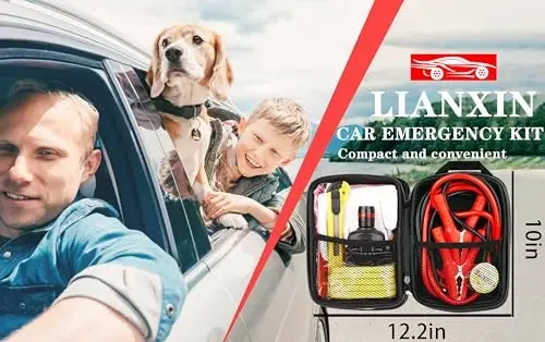 LIANXIN Araç Yol Kenarı Acil Durum Kiti, Takviye Kabloları Otomotiv Kiti, Araba Güvenliği Yol Yardım Kiti Far, Çekme Halatları, Falçata, Yağmurluk, Eldiven. Gri - 2