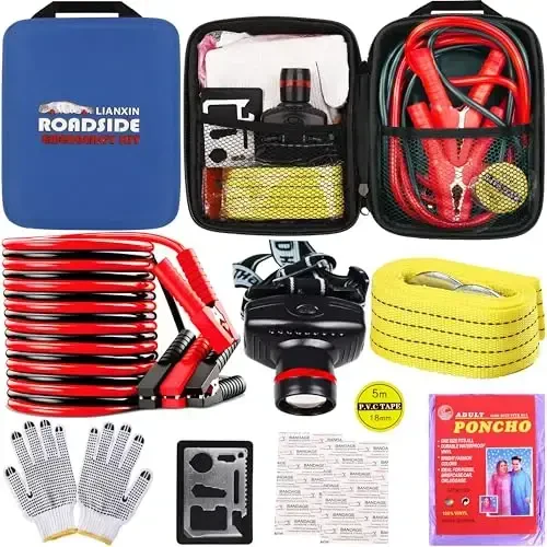 LIANXIN Car Roadside Emergency Kit, with Jumper Cables Automotive Kit,Car Safety Roadside Assistance Kit Headlamp,Tow Straps, Multi-Function Blades, Rainwear, Gloves.Blue - 1