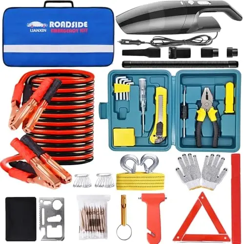 LIANXIN Car Emergency Roadside Kit with Jumper Cables Safety Car Kits | Car Emergency Kit High Power Handheld Vacuum, Warning Triangle, Safety Hammer, Tow Rope, Gifts for New Drivers - LIANXIN
