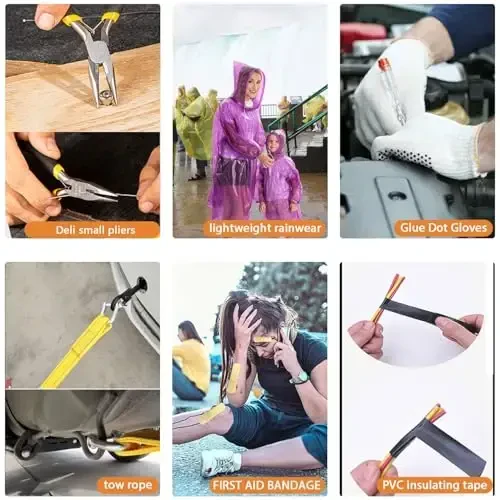 LIANXIN Car Emergency Roadside Tool Kit, Auto Emergency Kits Vehicles, with Jumper Cables kit，Car Safety Roadside Assistance Kit,Headlamp,Tow Straps,Needle Nose Pliers,Rainwear,Gloves.Matcha Green - 6