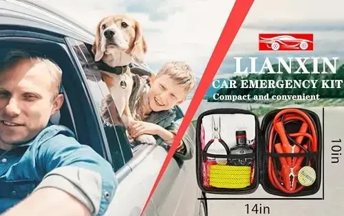 LIANXIN Car Emergency Roadside Tool Kit, Auto Emergency Kits Vehicles, with Jumper Cables kit，Car Safety Roadside Assistance Kit,Headlamp,Tow Straps,Needle Nose Pliers,Rainwear,Gloves.Matcha Green - 7