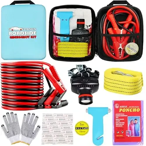 LIANXIN Car Emergency Roadside Tool Kit, Auto Emergency Kits Vehicles, with Jumper Cables kit，Car Safety Roadside Assistance Kit,Headlamp,Tow Straps,Safety Hammers,Rainwear,Gloves.Sky Blue - 1
