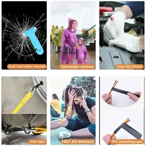 LIANXIN Car Emergency Roadside Tool Kit, Auto Emergency Kits Vehicles, with Jumper Cables kit，Car Safety Roadside Assistance Kit,Headlamp,Tow Straps,Safety Hammers,Rainwear,Gloves.Sky Blue - 6