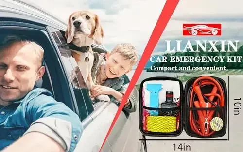 LIANXIN Car Emergency Roadside Tool Kit, Auto Emergency Kits Vehicles, with Jumper Cables kit，Car Safety Roadside Assistance Kit,Headlamp,Tow Straps,Safety Hammers,Rainwear,Gloves.Sky Blue - 7